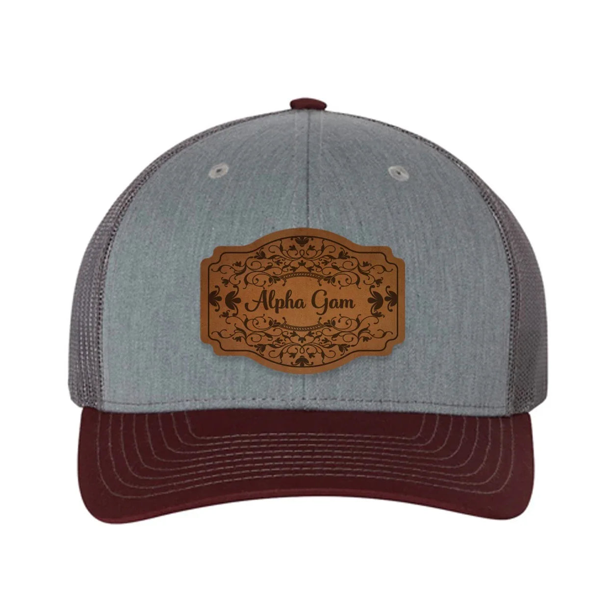 Alpha Gam Richardson 112 Leatherette Patch Trucker Hat - Scroll