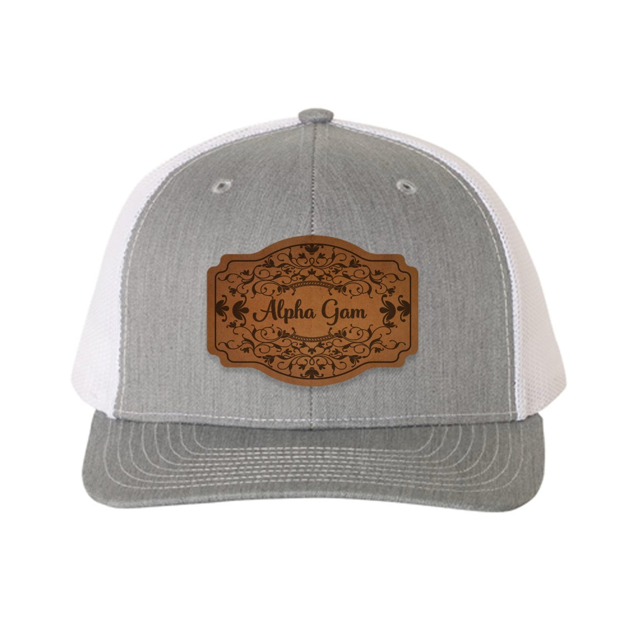 Alpha Gam Richardson 112 Leatherette Patch Trucker Hat - Scroll