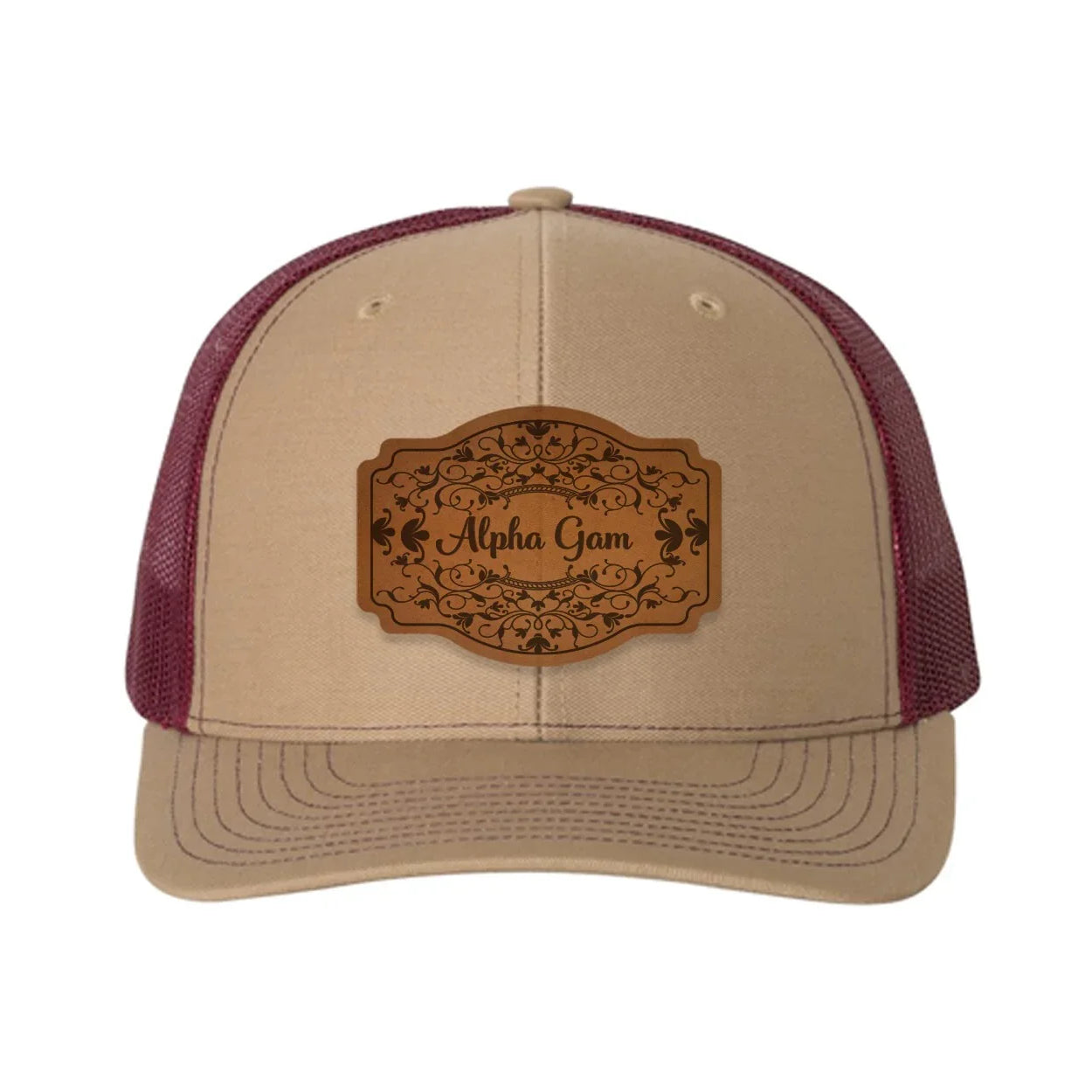 Alpha Gam Richardson 112 Leatherette Patch Trucker Hat - Scroll