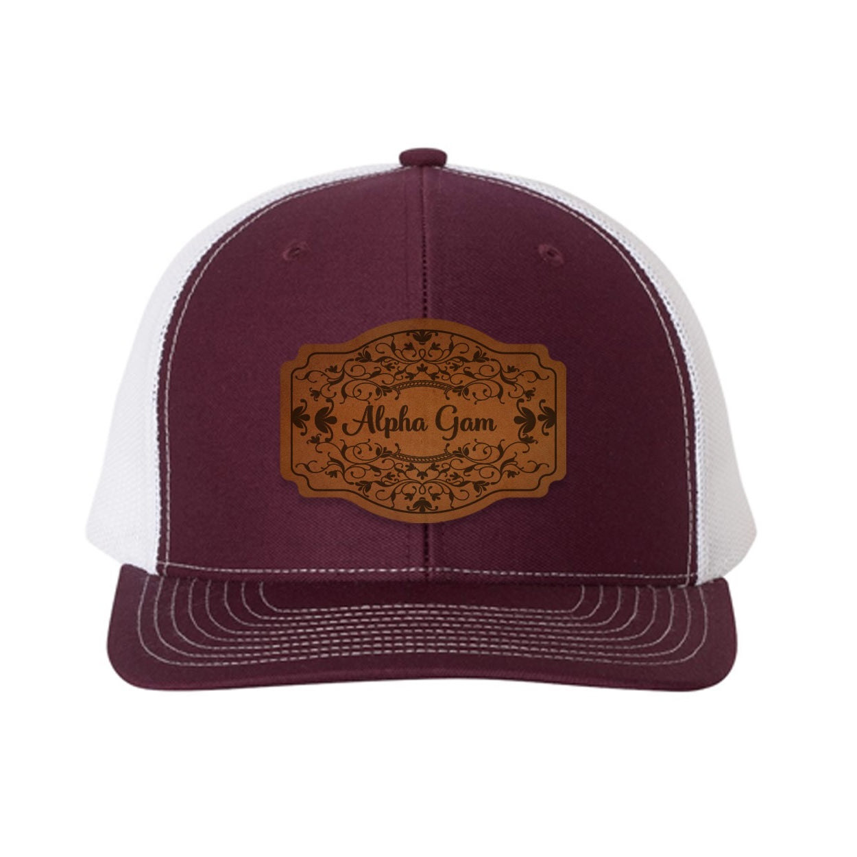 Alpha Gam Richardson 112 Leatherette Patch Trucker Hat - Scroll