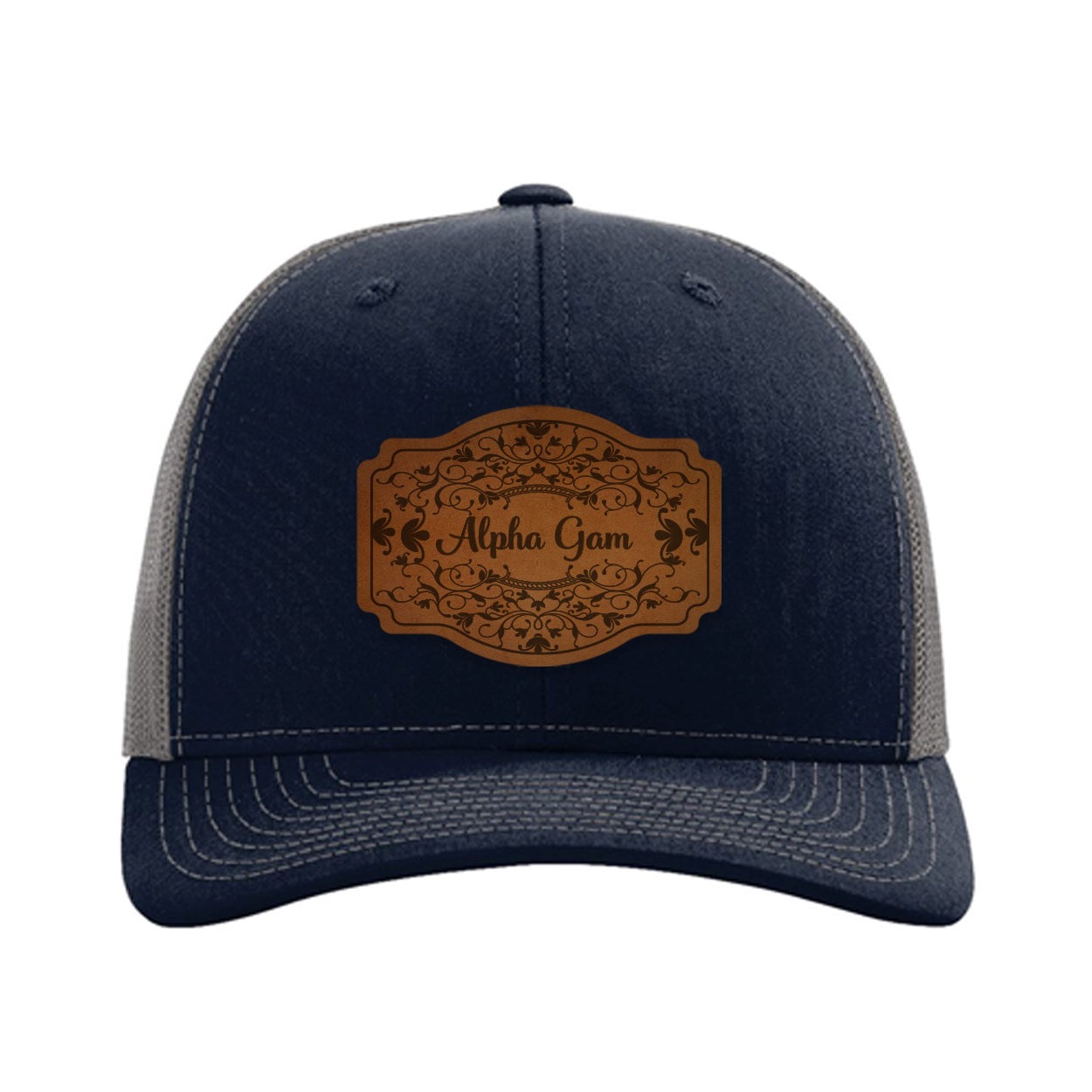 Alpha Gam Richardson 112 Leatherette Patch Trucker Hat - Scroll