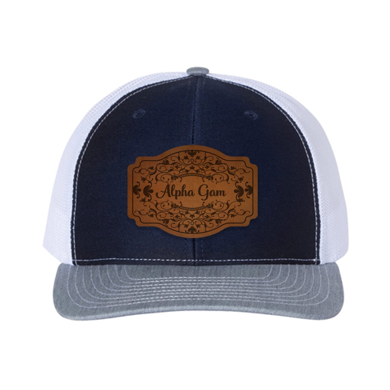 Alpha Gam Richardson 112 Leatherette Patch Trucker Hat - Scroll