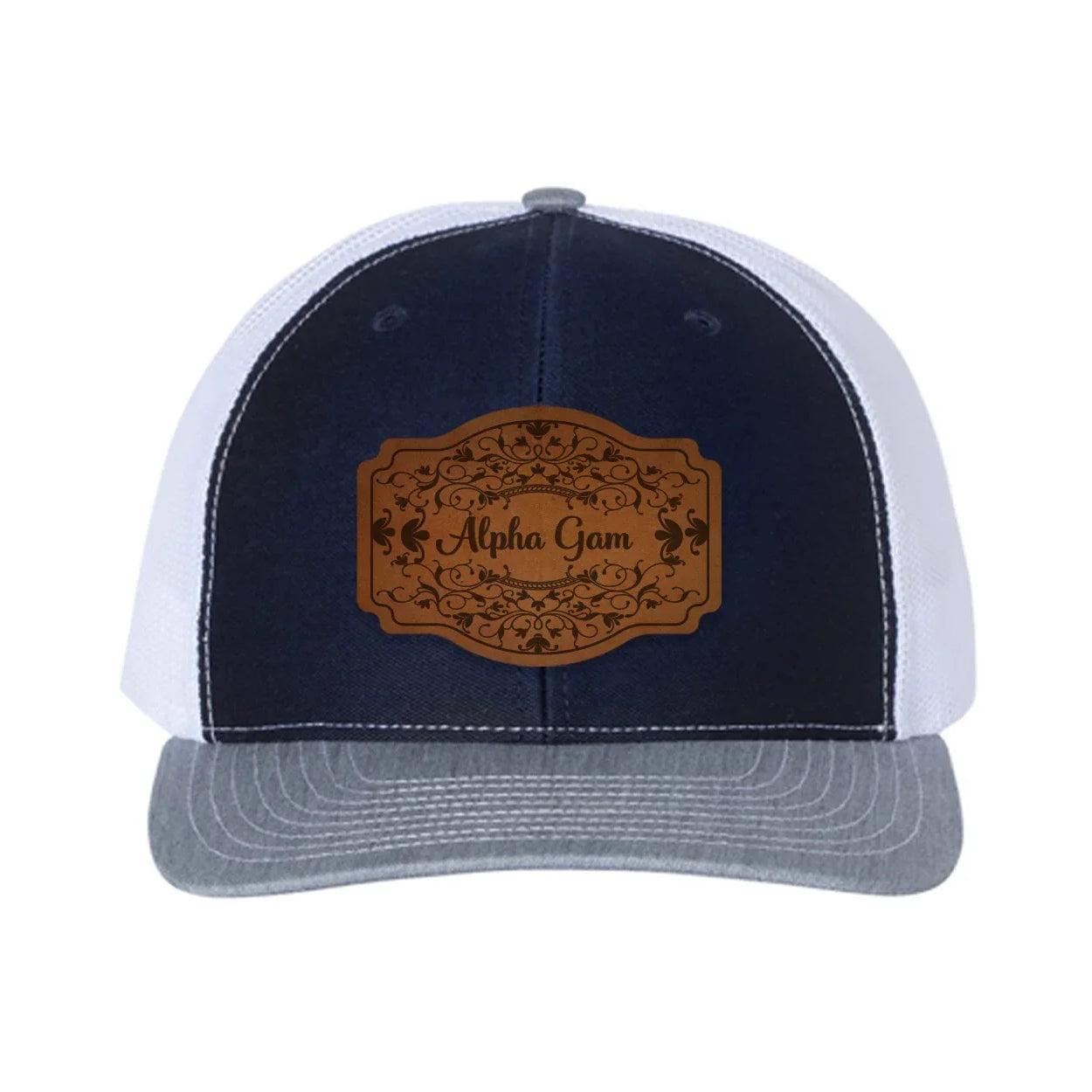 Alpha Gam Richardson 112 Leatherette Patch Trucker Hat - Scroll