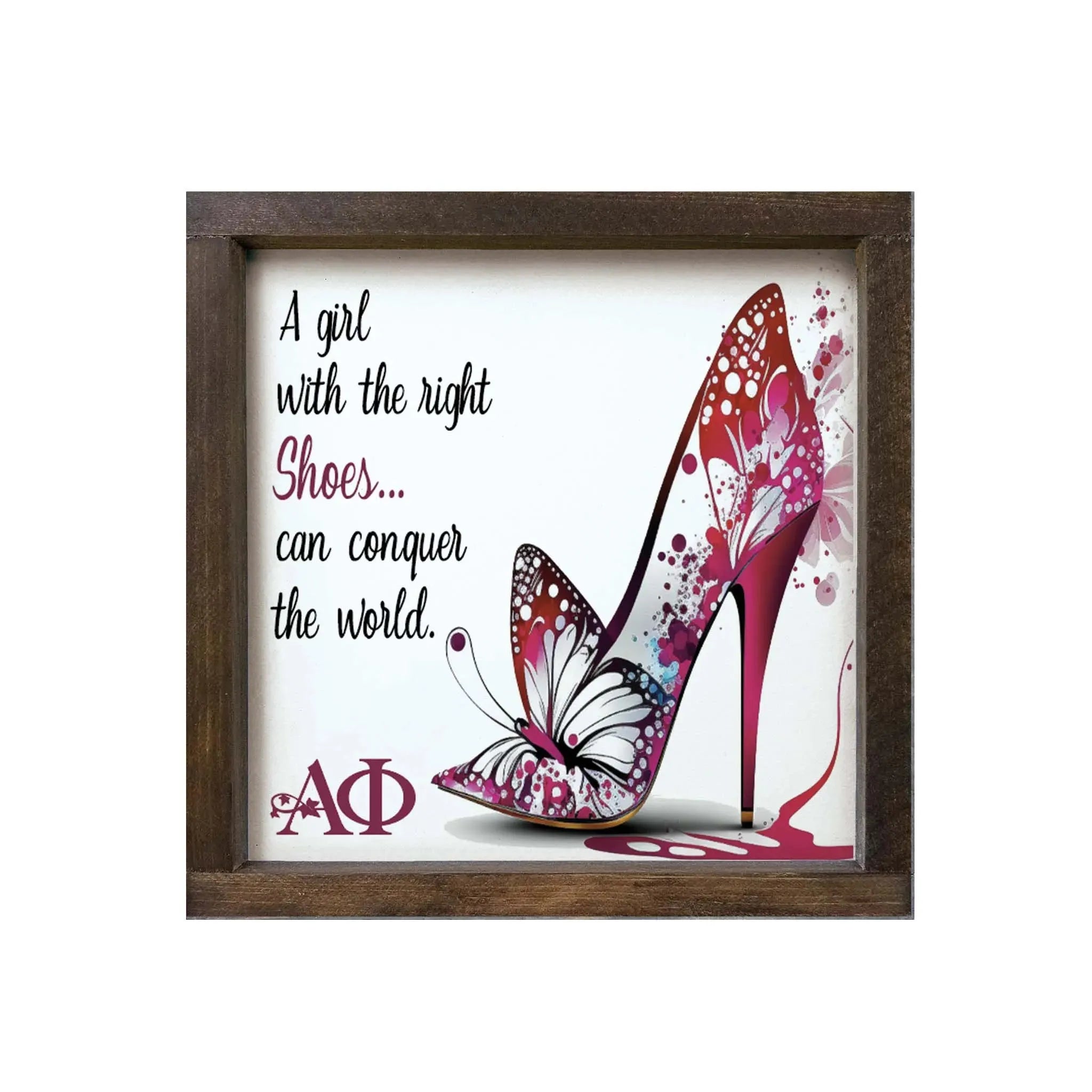 Alpha Phi 12x12 Wood Framed Sign - The Right Shoes Walnut Stain Wall Art & Signs
