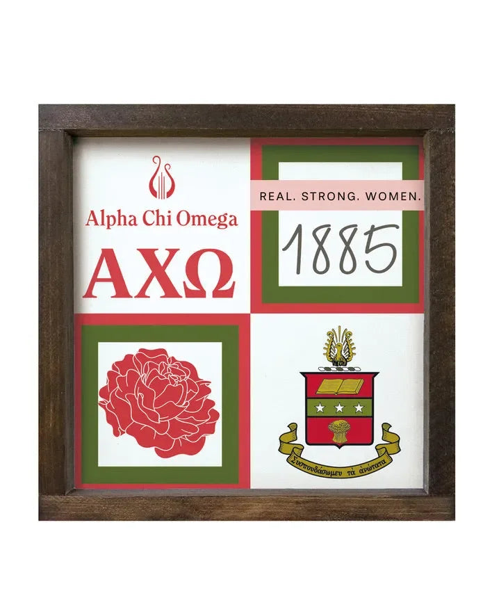 Alpha Chi Omega Pi 12x12 Wood Framed Sign - Color Block Walnut Stain Wall Art & Signs