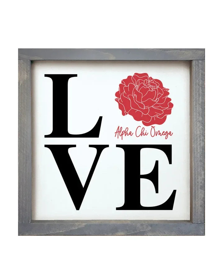 Alpha Chi Omega 12x12 Wood Framed Sign - LOVE Red Weathered Gray Wall Art & Signs