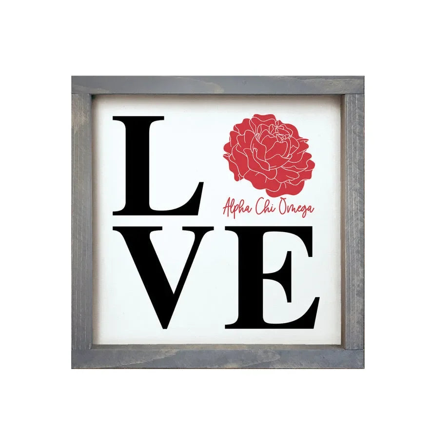 Alpha Chi Omega 12x12 Wood Framed Sign - LOVE Red Weathered Gray Wall Art & Signs