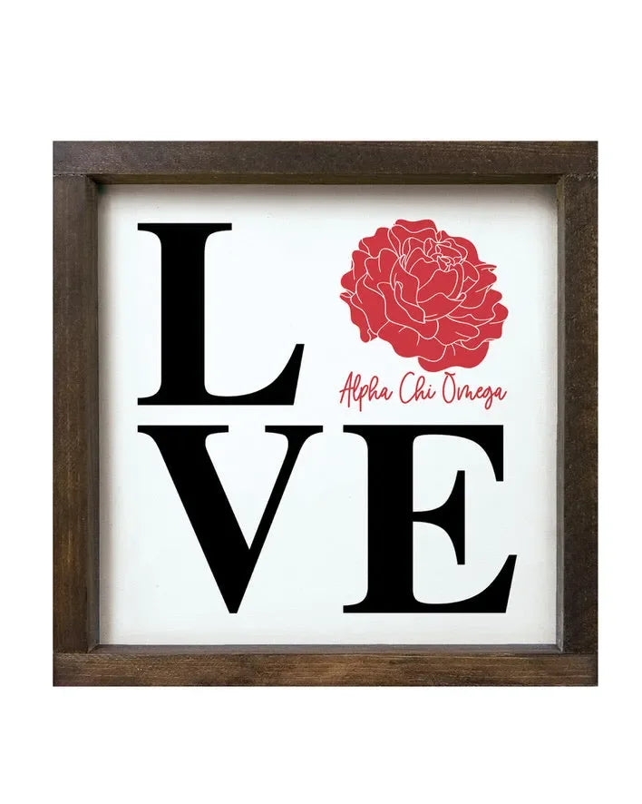 Alpha Chi Omega 12x12 Wood Framed Sign - LOVE Red Walnut Stain Wall Art & Signs
