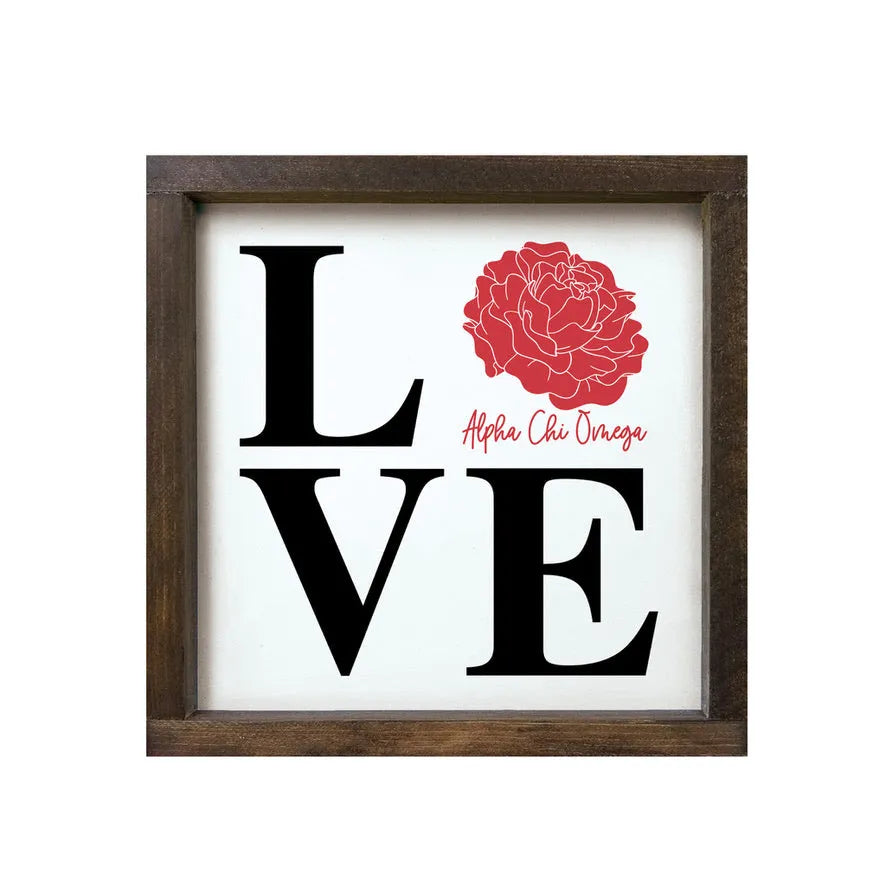 Alpha Chi Omega 12x12 Wood Framed Sign - LOVE Red Walnut Stain Wall Art & Signs