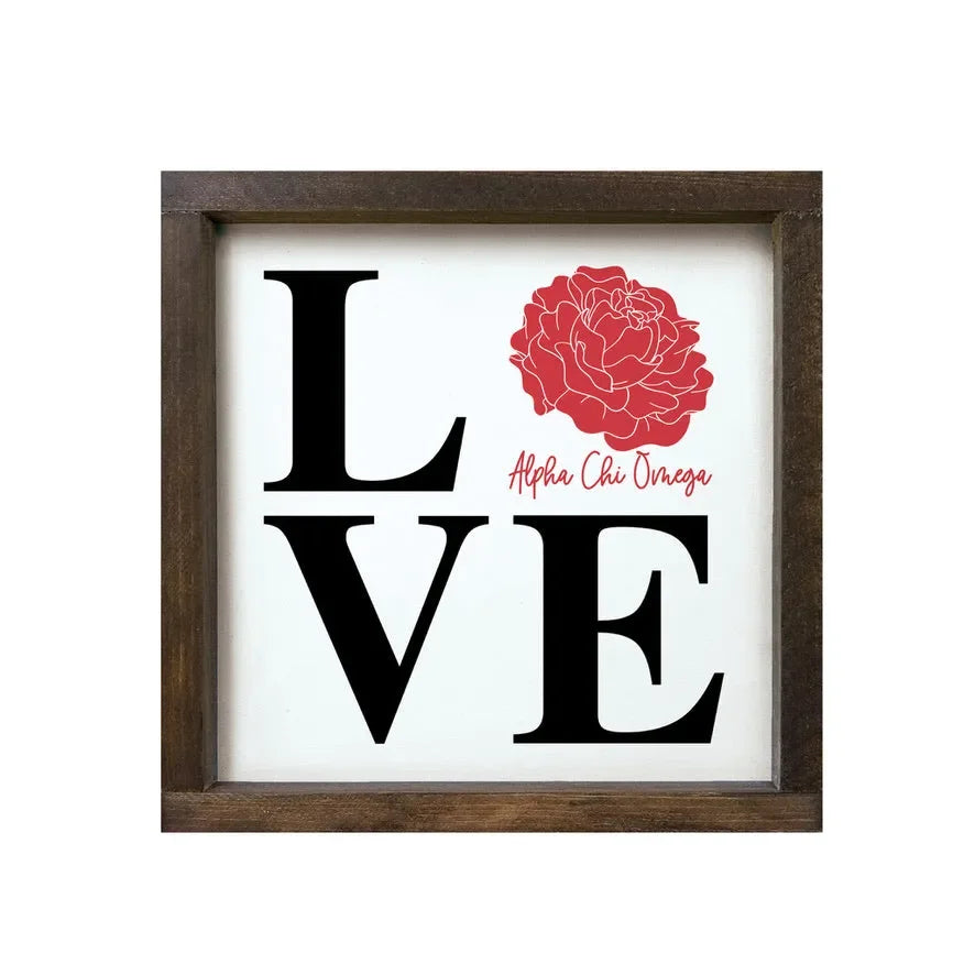 Alpha Chi Omega 12x12 Wood Framed Sign - LOVE Red Walnut Stain Wall Art & Signs
