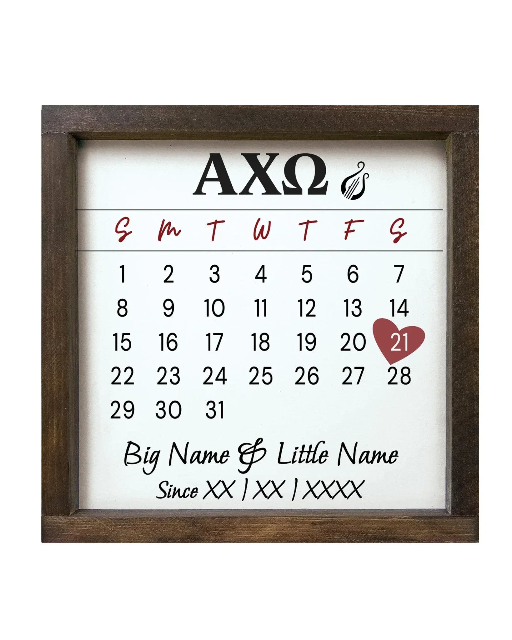 Alpha Chi Omega Personalized Big Little Calendar Framed Sign - 12x12