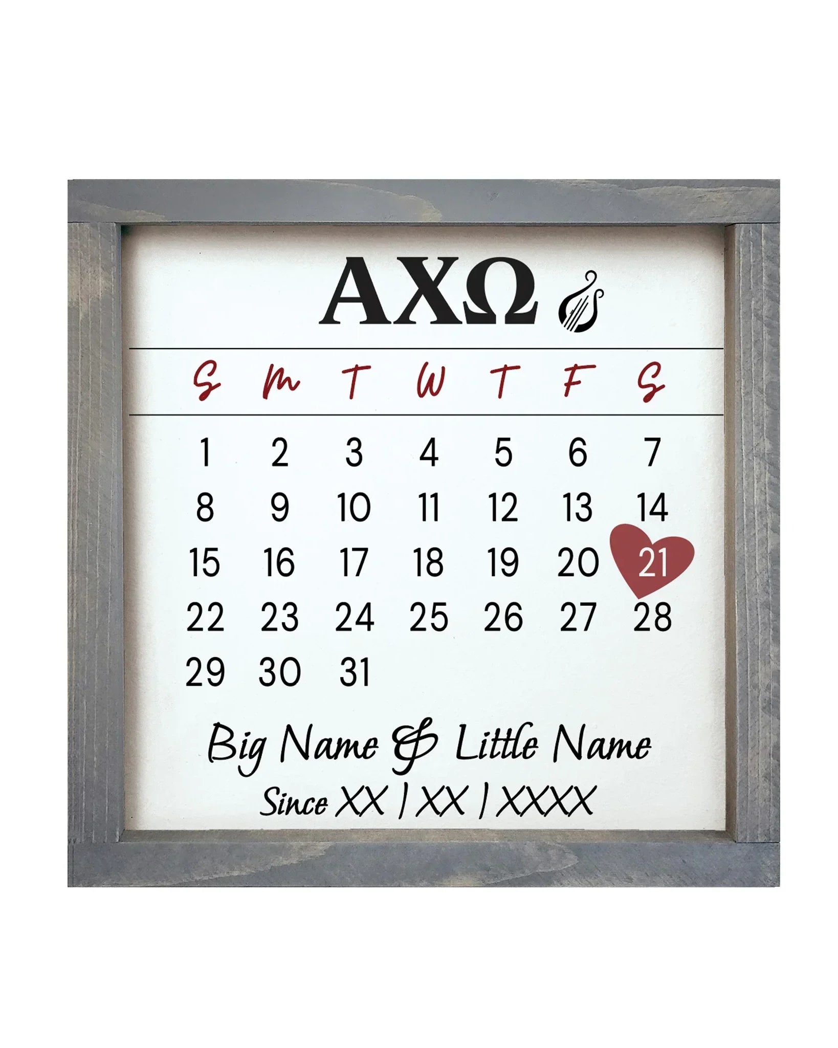 Alpha Chi Omega Personalized Big Little Calendar Framed Sign - 12x12