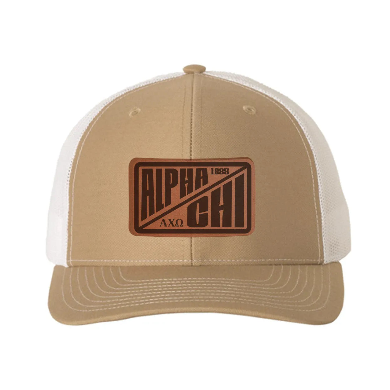 Alpha Chi Omega Richardson 112 Leatherette Patch Trucker Hat - Divide Khaki White Trucker Hat