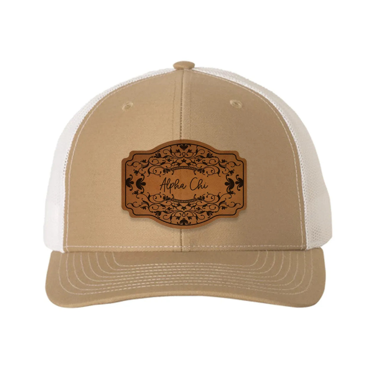 Alpha Chi Omega Richardson 112 Leatherette Patch Trucker Hat - Scroll Khaki White Trucker Hat