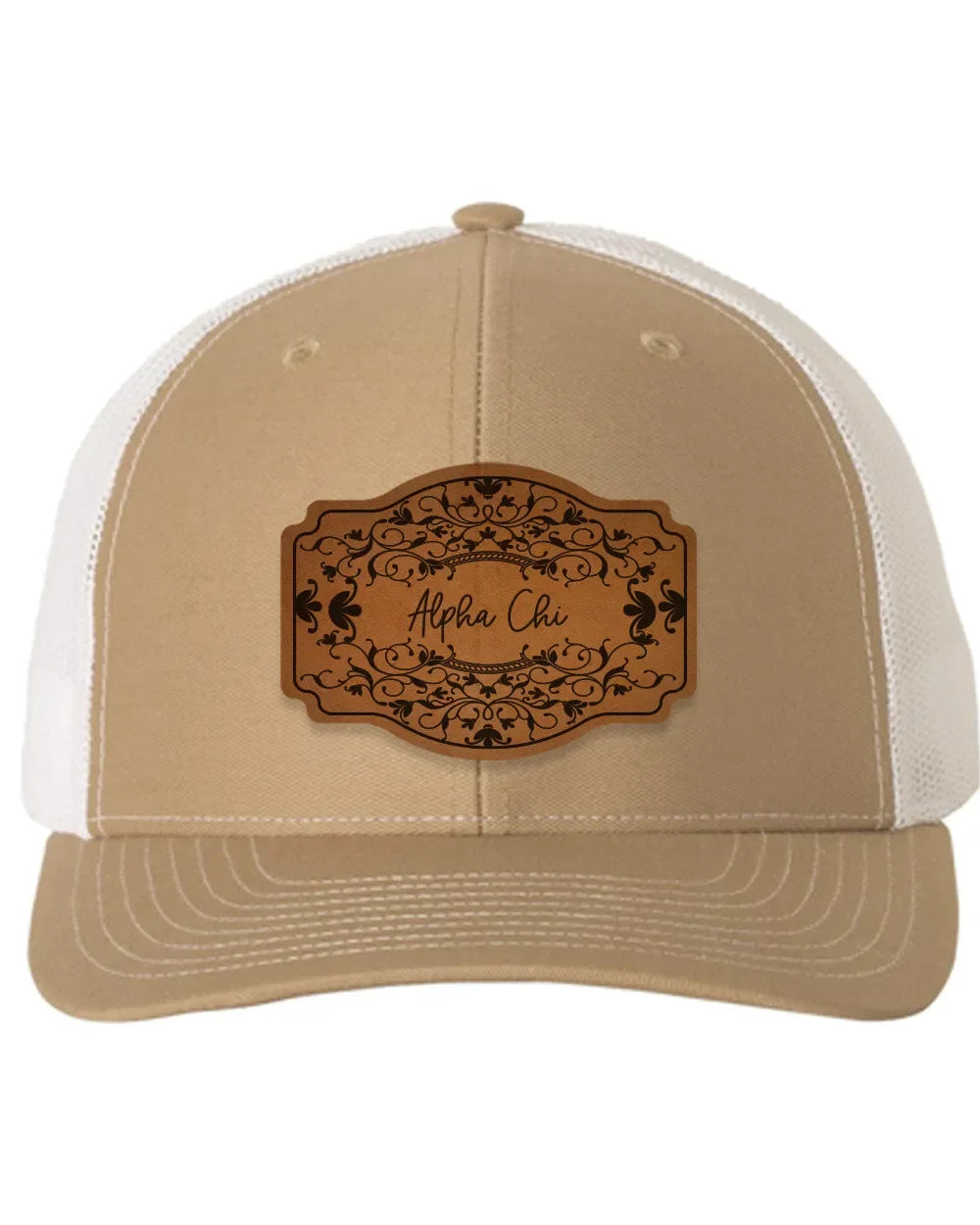 Alpha Chi Omega Richardson 112 Leatherette Patch Trucker Hat - Scroll Khaki White Trucker Hat