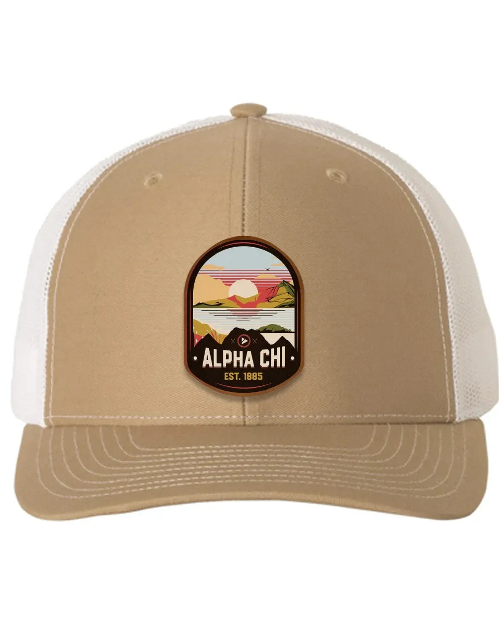 Alpha Chi Omega Richardson 112 UV Print Leatherette Patch Trucker Hat - Ventura Khaki White Trucker Hat