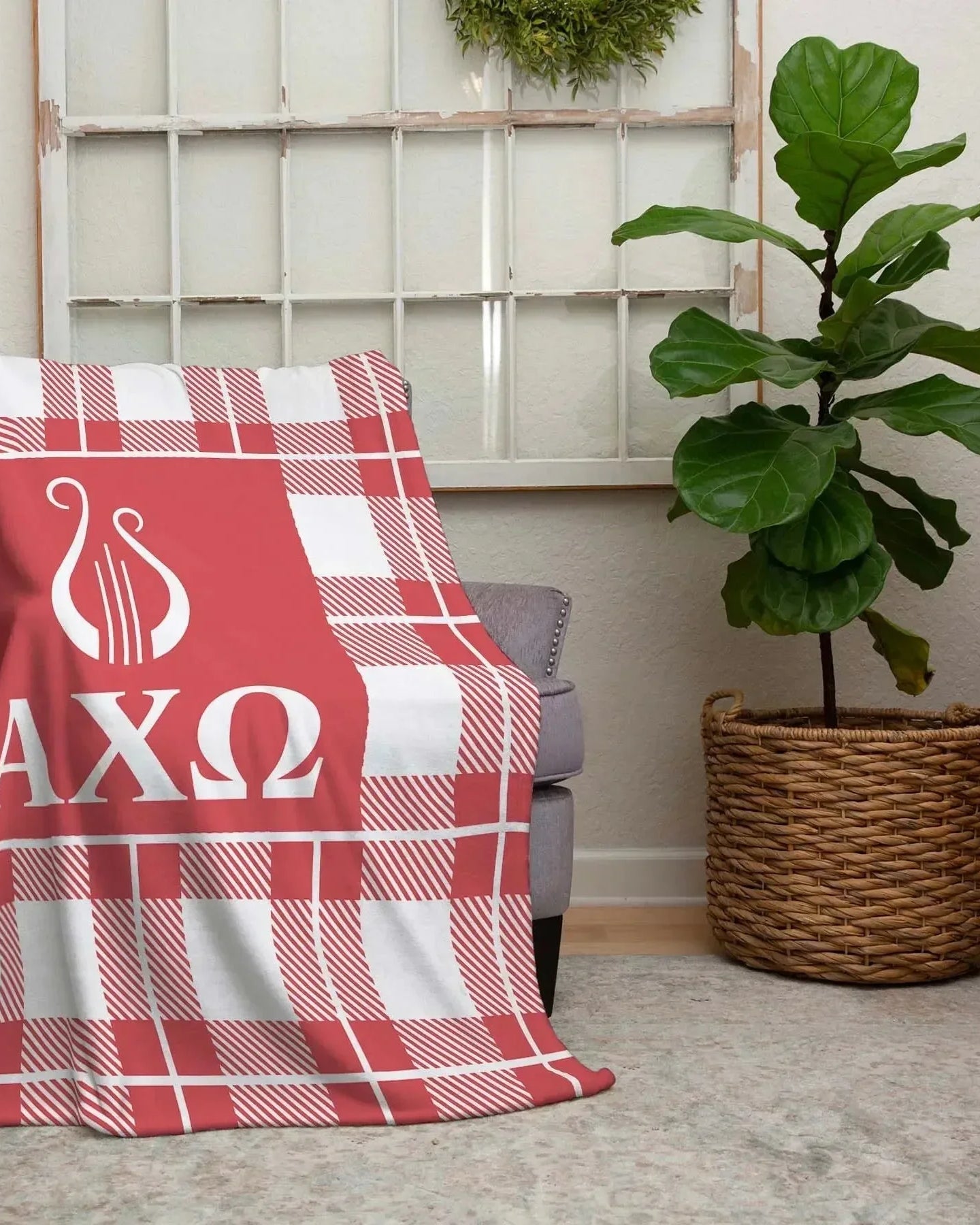 Alpha Chi Omega XL 60x80 Plaid Sherpa Throw Blanket Throw Blankets