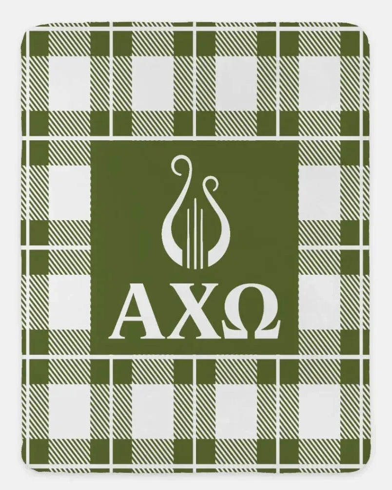 Alpha Chi Omega XL 60x80 Plaid Sherpa Throw Blanket Olive Throw Blankets