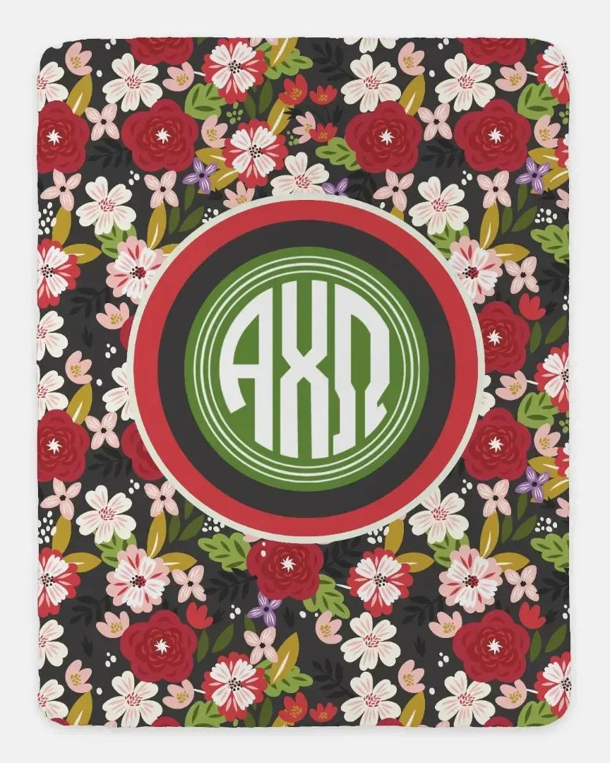 Alpha Chi Omega XL 60x80 Sherpa Blanket - Modern Floral Monogram Throw Blankets