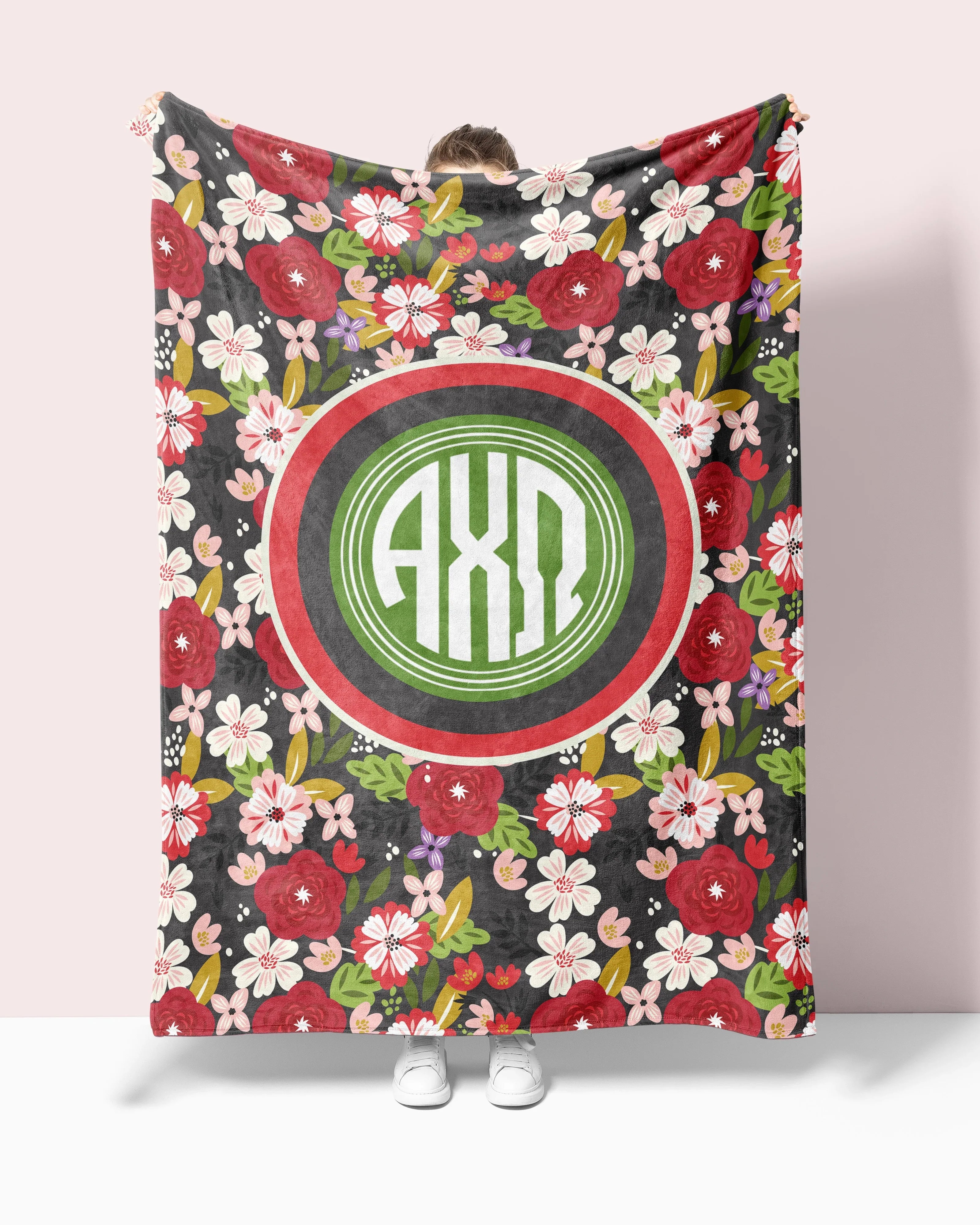 Alpha Chi Omega XL 60x80 Sherpa Blanket - Modern Floral Monogram | AXO