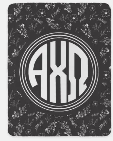 Alpha Chi Omega XL 60x80 Sherpa Throw Blanket - Vintage Floral Black Throw Blankets