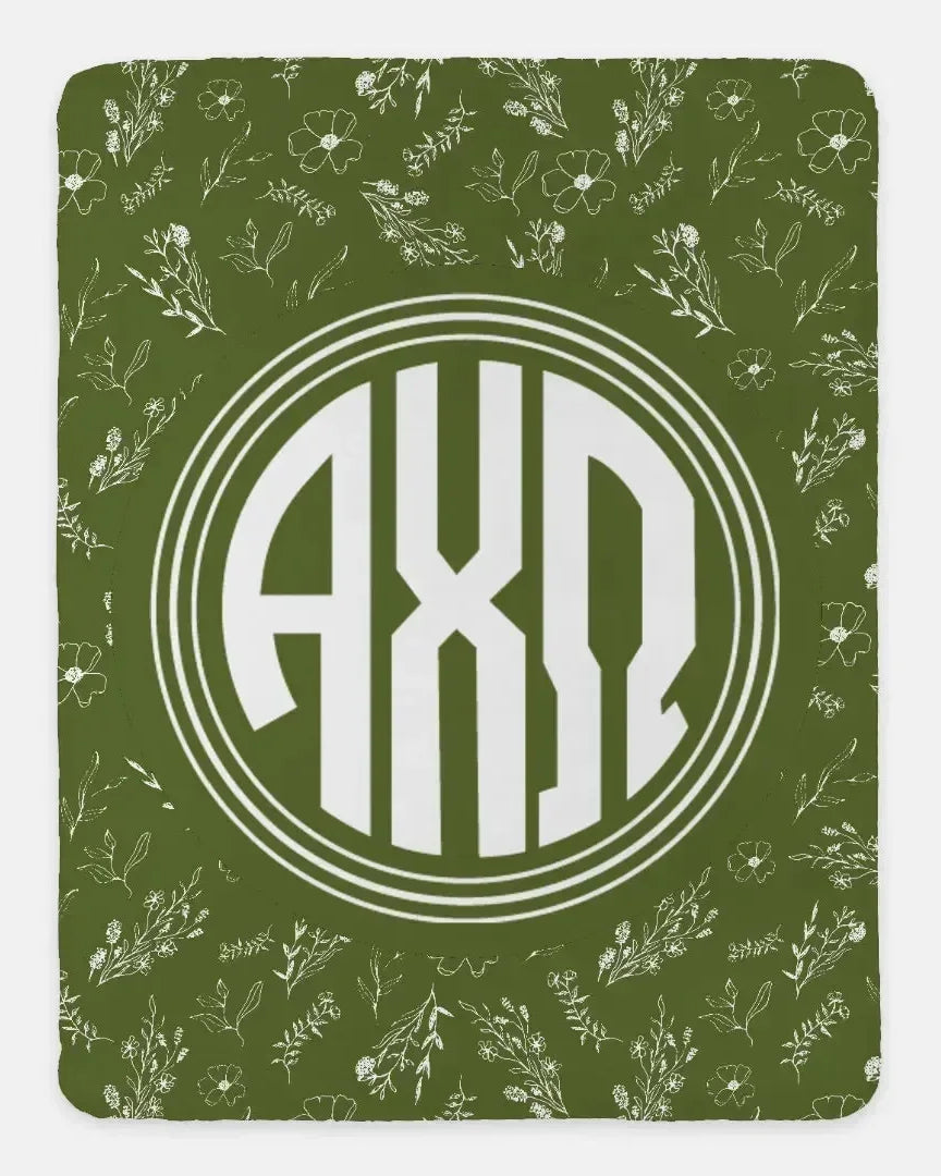 Alpha Chi Omega XL 60x80 Sherpa Throw Blanket - Vintage Floral Olive Throw Blankets