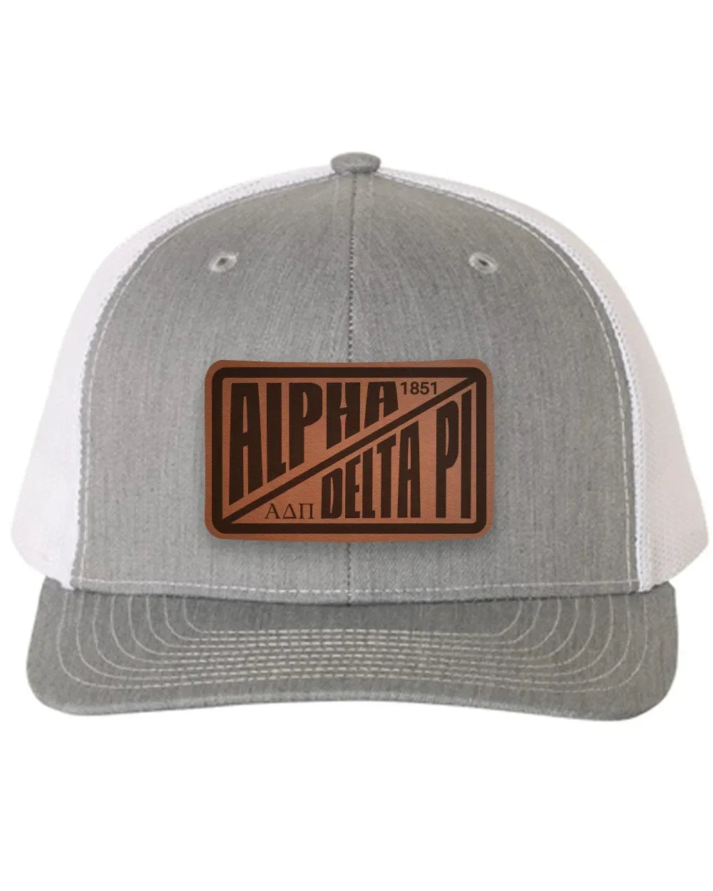 Alpha Delta Pi Richardson 112 Leatherette Patch Trucker Hat - Divide Heather Gray Trucker Hat