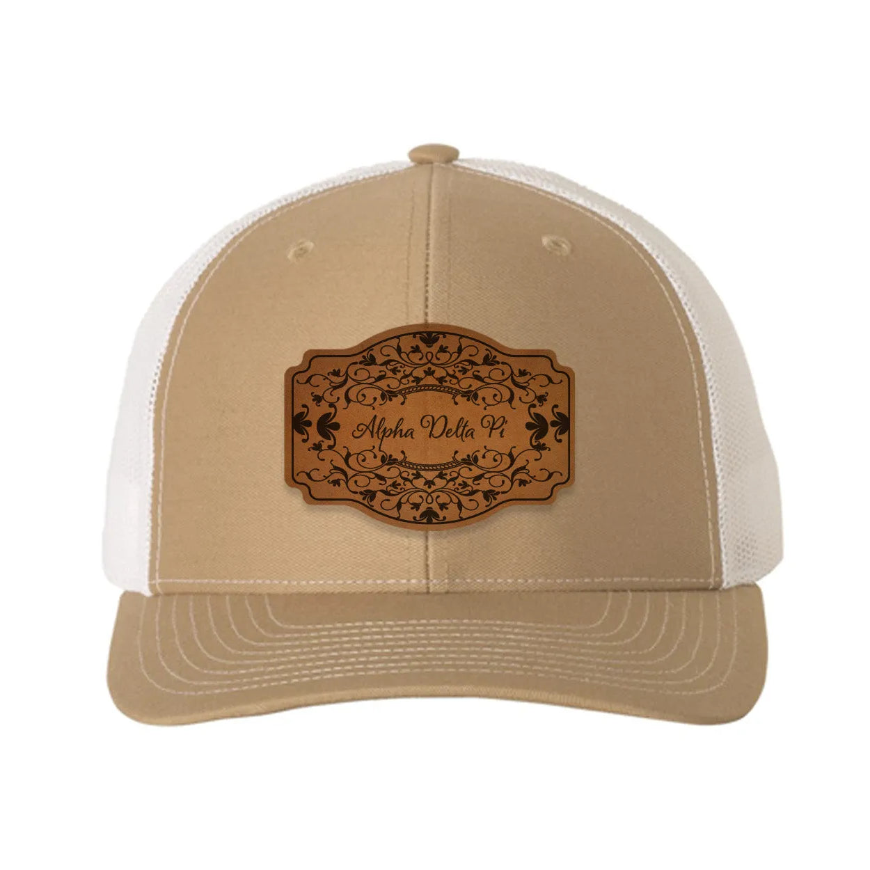 Alpha Delta Pi Richardson 112 Leatherette Patch Trucker Hat - Scroll Khaki White Trucker Hat