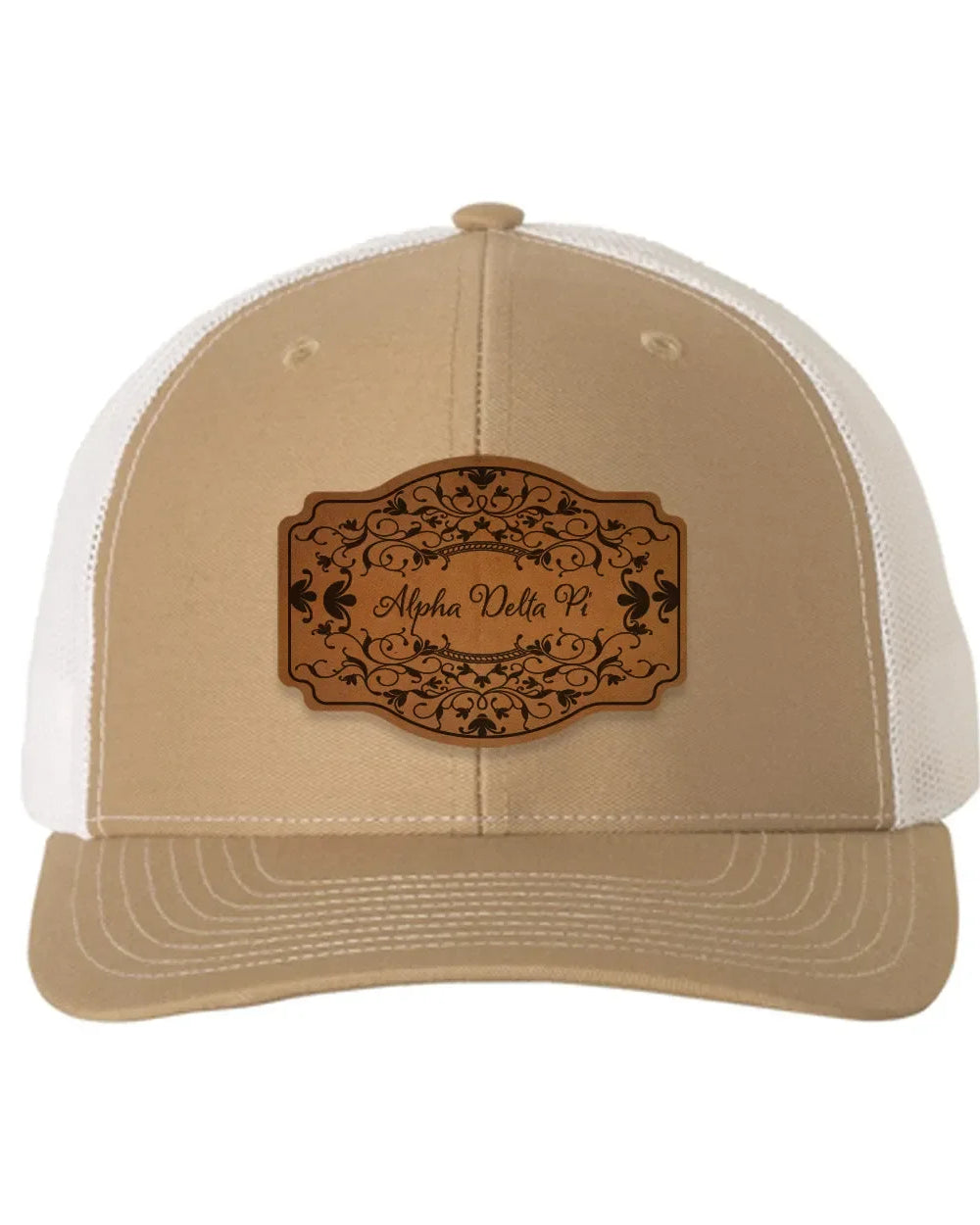 Alpha Delta Pi Richardson 112 Leatherette Patch Trucker Hat - Scroll Khaki White Trucker Hat