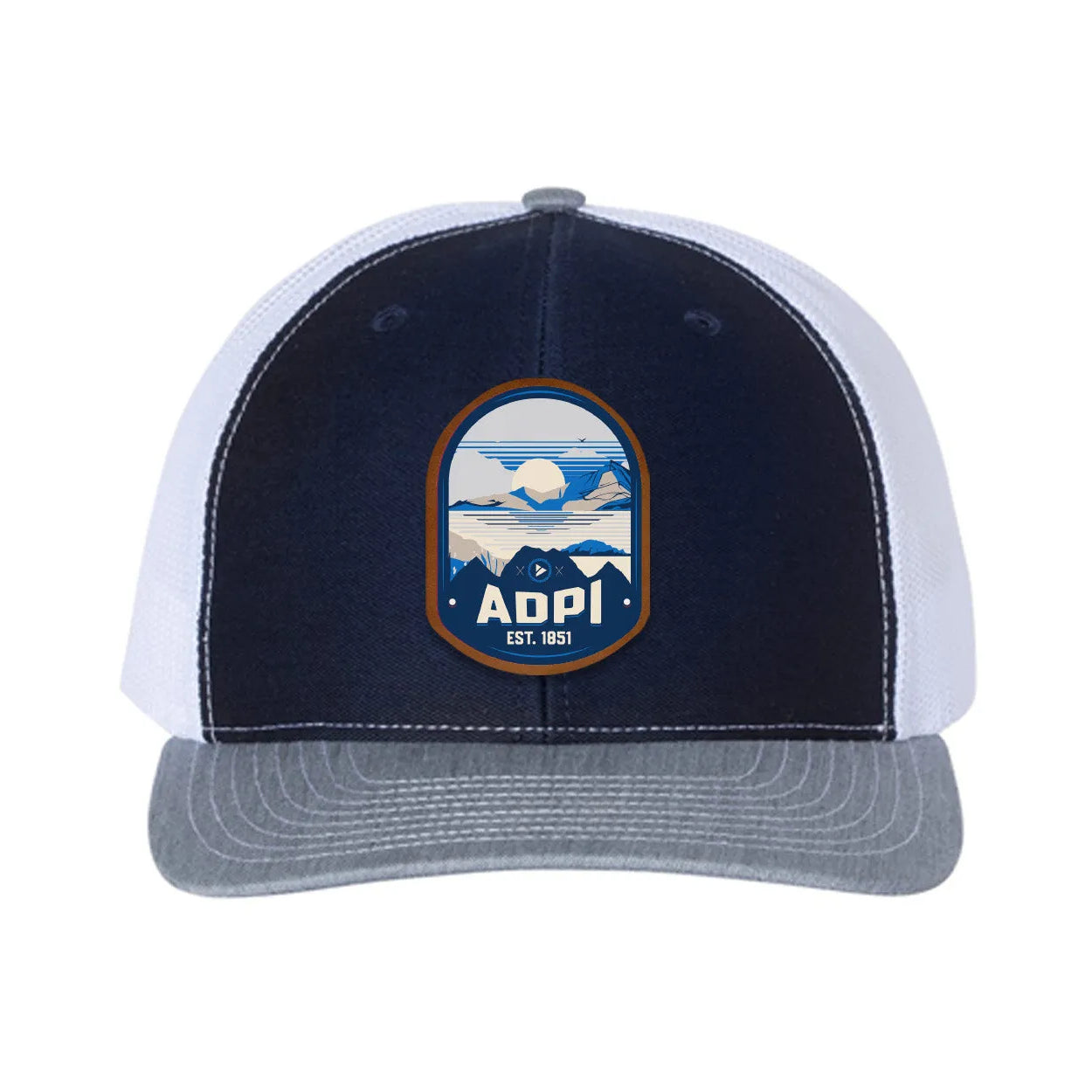 Alpha Delta Pi Richardson 112 UV Print Leatherette Patch Trucker Hat - Ventura Navy White Heather Gray Trucker Hat