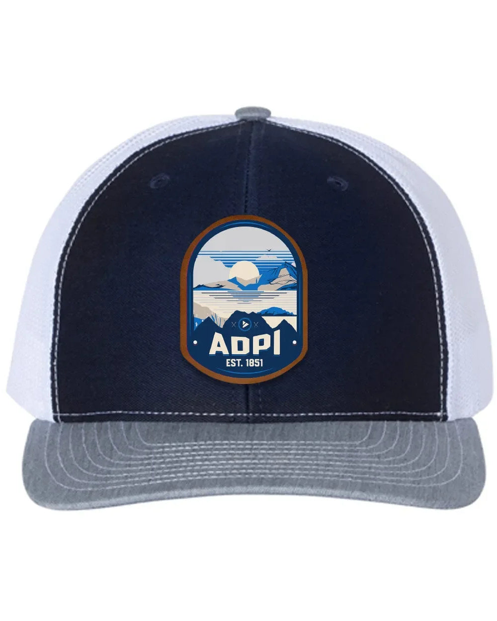 Alpha Delta Pi Richardson 112 UV Print Leatherette Patch Trucker Hat - Ventura Navy White Heather Gray Trucker Hat