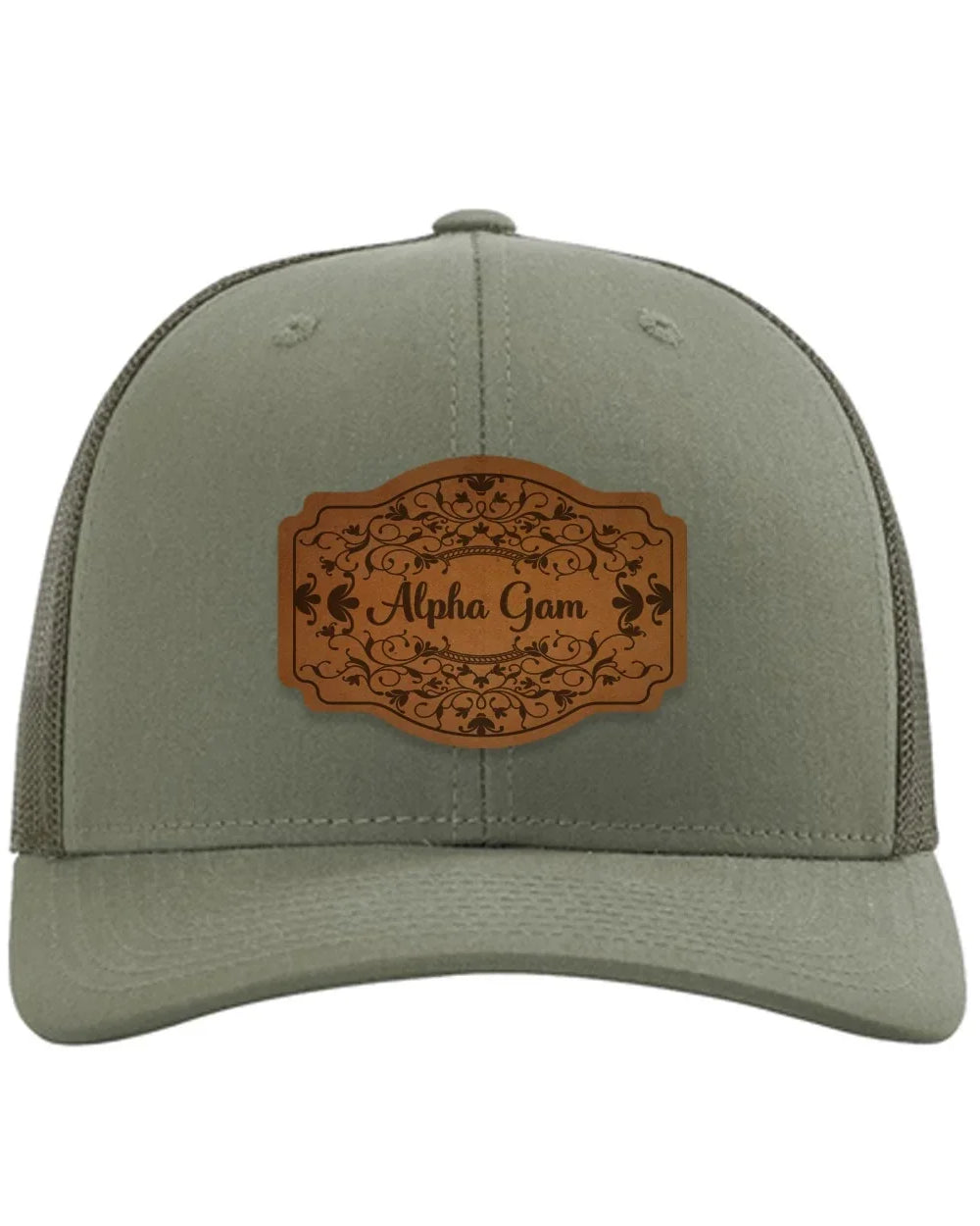 Alpha Gam Richardson 112 Leatherette Patch Trucker Hat - Scroll