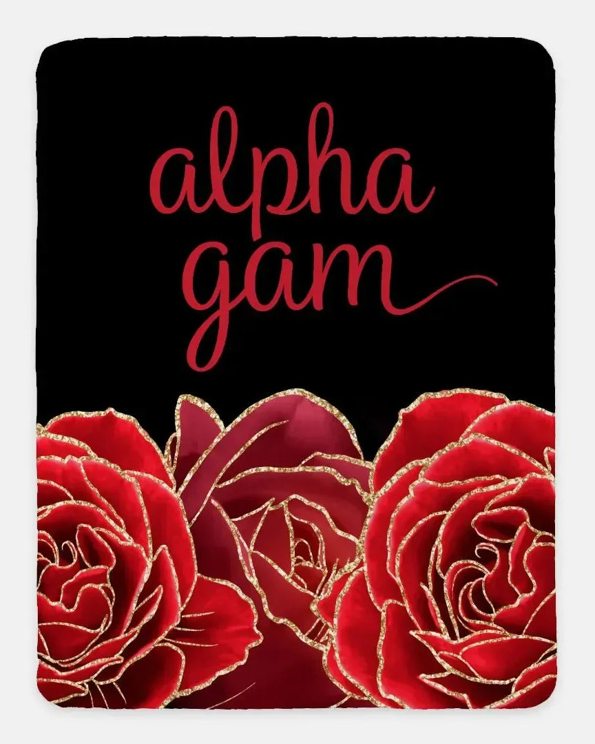 Alpha Gam XL 60x80 Sherpa Throw Blanket - Glam Roses Throw Blankets