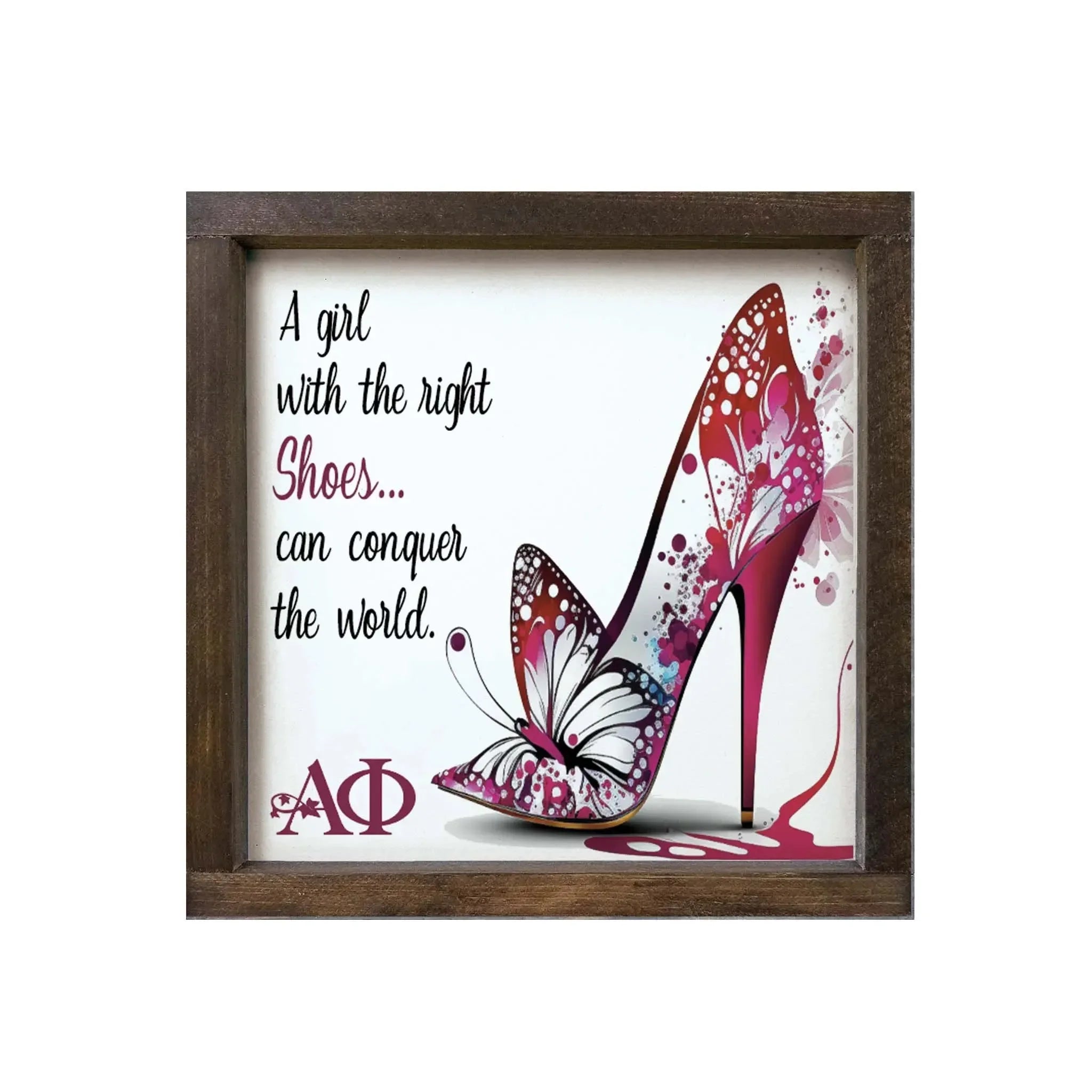 Alpha Phi 12x12 Wood Framed Sign - The Right Shoes Walnut Stain Wall Art & Signs