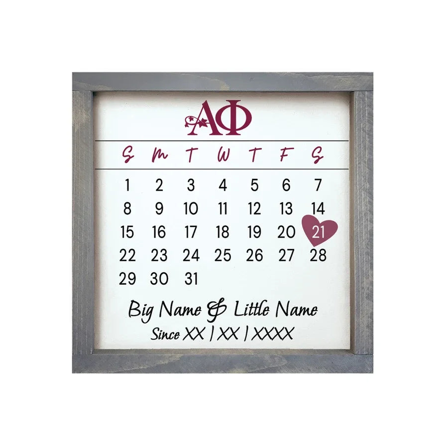 Alpha Phi Personalized Big Little Calendar Framed Sign - 12x12