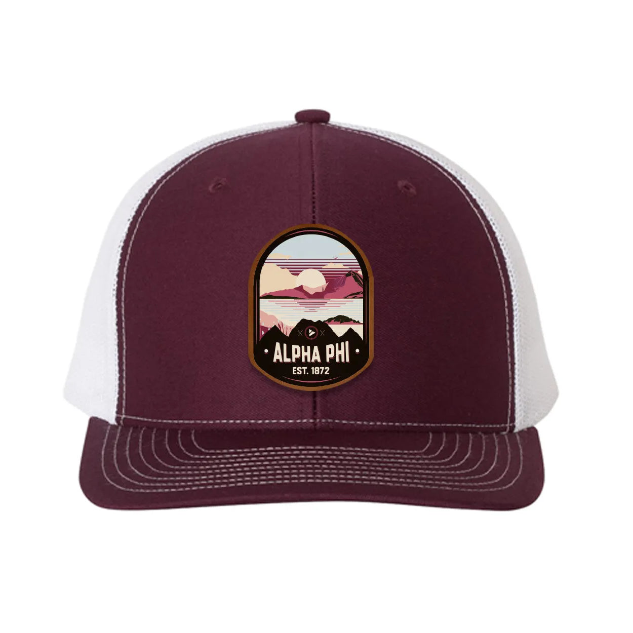 Alpha Phi Richardson 112 UV Print Leatherette Patch Trucker Hat - Ventura Maroon White Trucker Hat