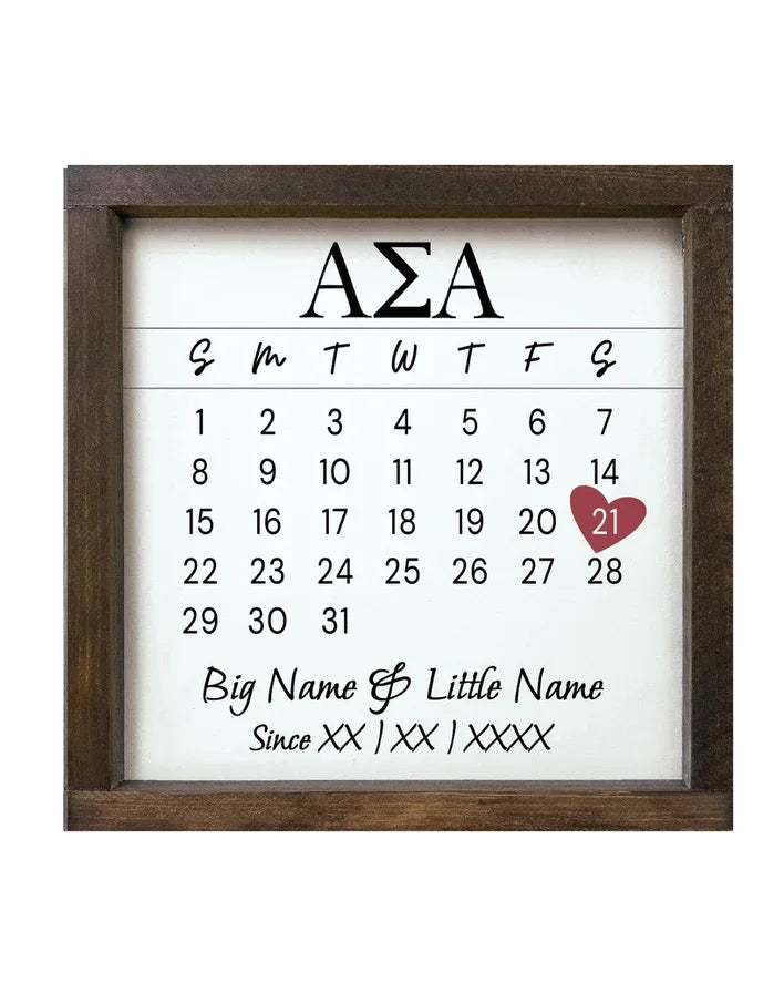 Alpha Sigma Alpha Personalized Big Little Calendar Framed Sign - 12x12