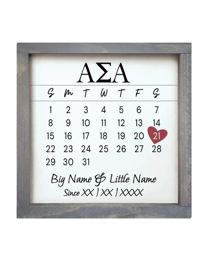 Alpha Sigma Alpha Personalized Big Little Calendar Framed Sign - 12x12