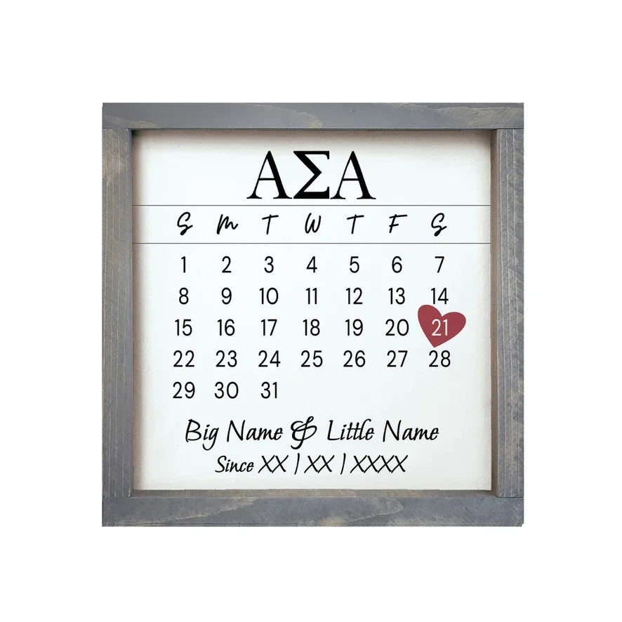 Alpha Sigma Alpha Personalized Big Little Calendar Framed Sign - 12x12
