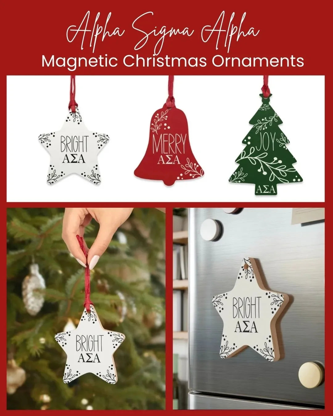 Alpha Sigma Alpha Wood Christmas Ornaments / Magnets (Set of 3) Holiday Ornaments