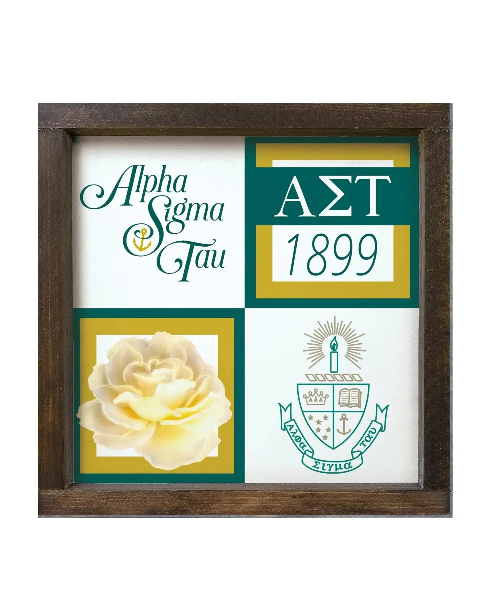 Alpha Sigma Tau 12x12 Wood Framed Sign - Classic Color Block Walnut Stain Wall Art & Signs