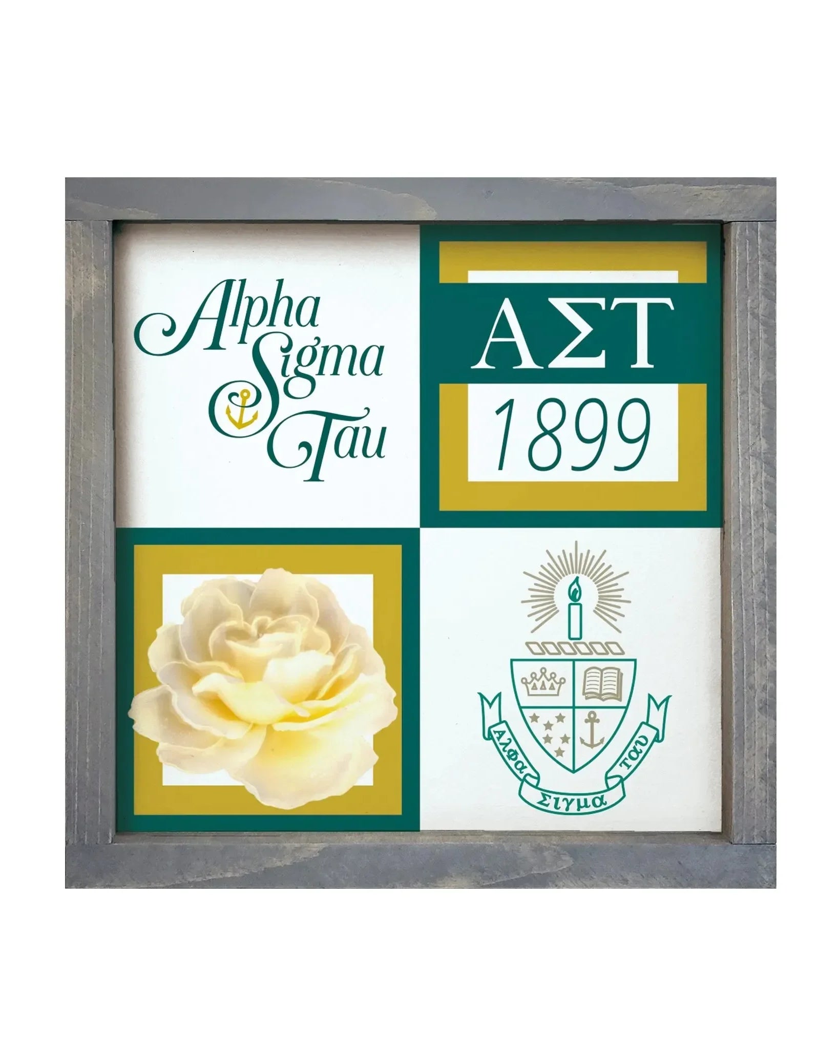 Alpha Sigma Tau 12x12 Wood Framed Sign - Classic Color Block Weathered Gray Wall Art & Signs
