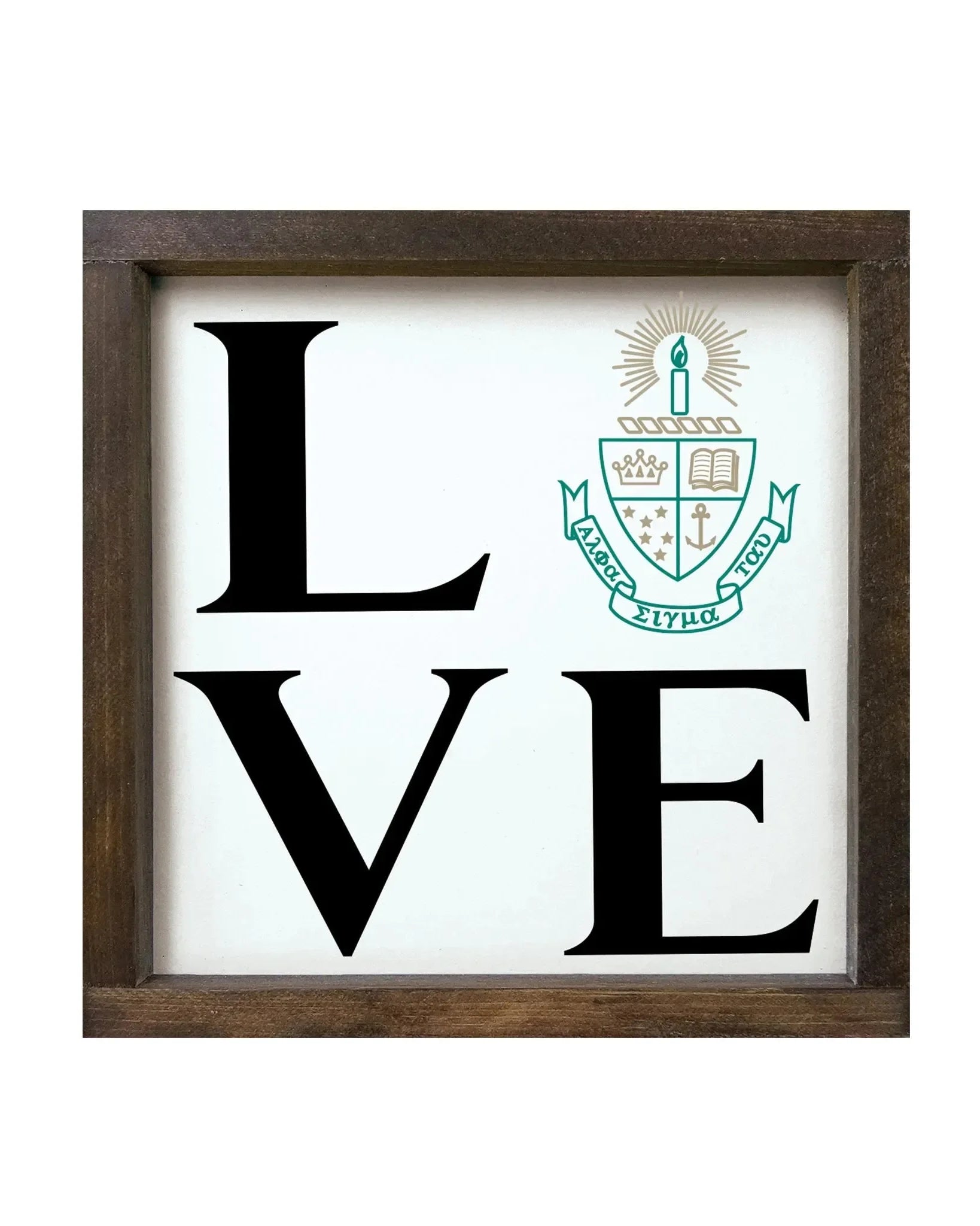 Alpha Sigma Tau 12x12 Wood Framed Sign - LOVE Crest Walnut Stain Wall Art & Signs