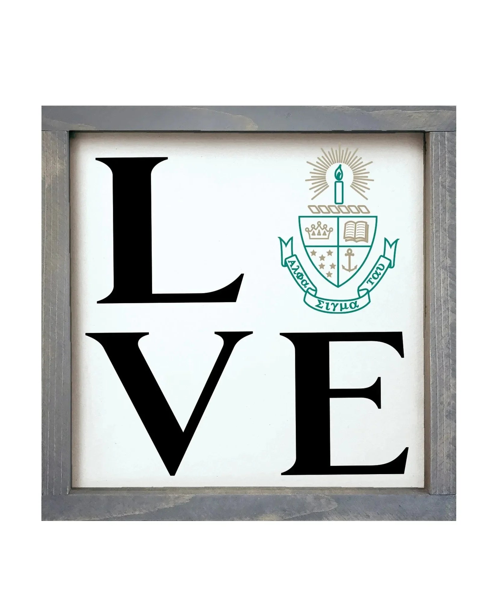 Alpha Sigma Tau 12x12 Wood Framed Sign - LOVE Crest Weathered Gray Wall Art & Signs
