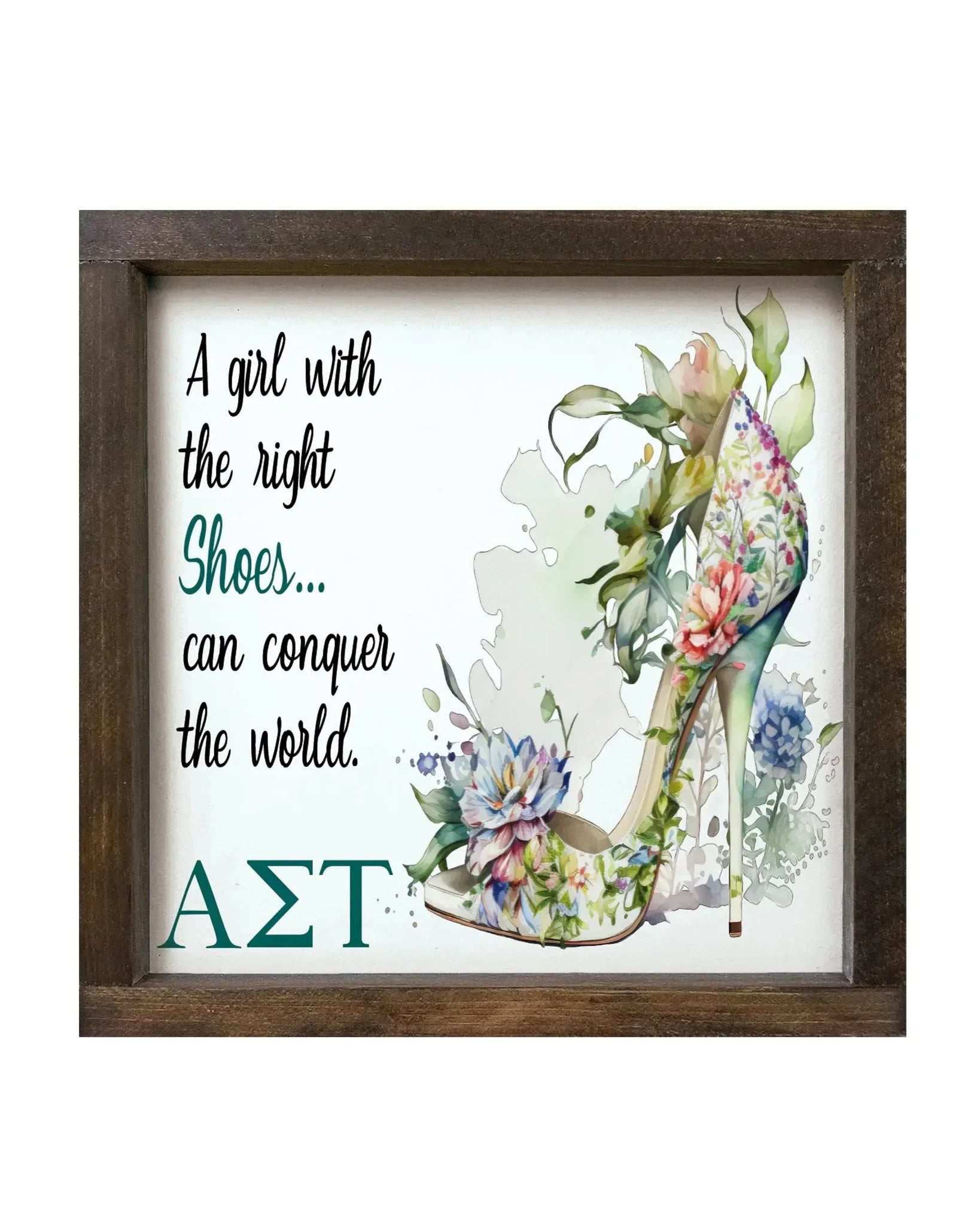 Alpha Sigma Tau 12x12 Wood Framed Sign - The Right Shoes Walnut Stain Wall Art & Signs
