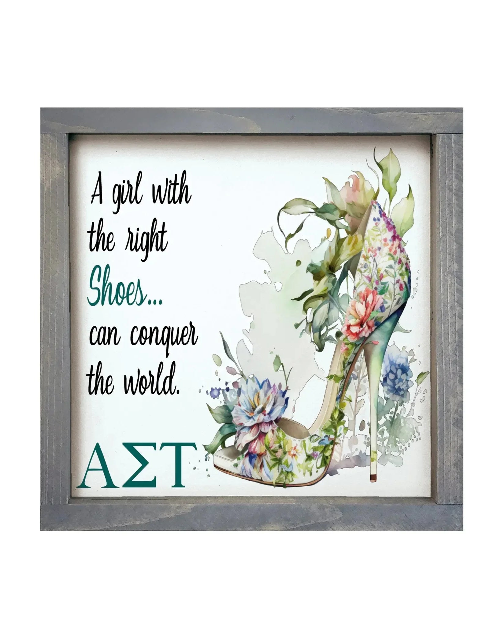 Alpha Sigma Tau 12x12 Wood Framed Sign - The Right Shoes Weathered Gray Wall Art & Signs