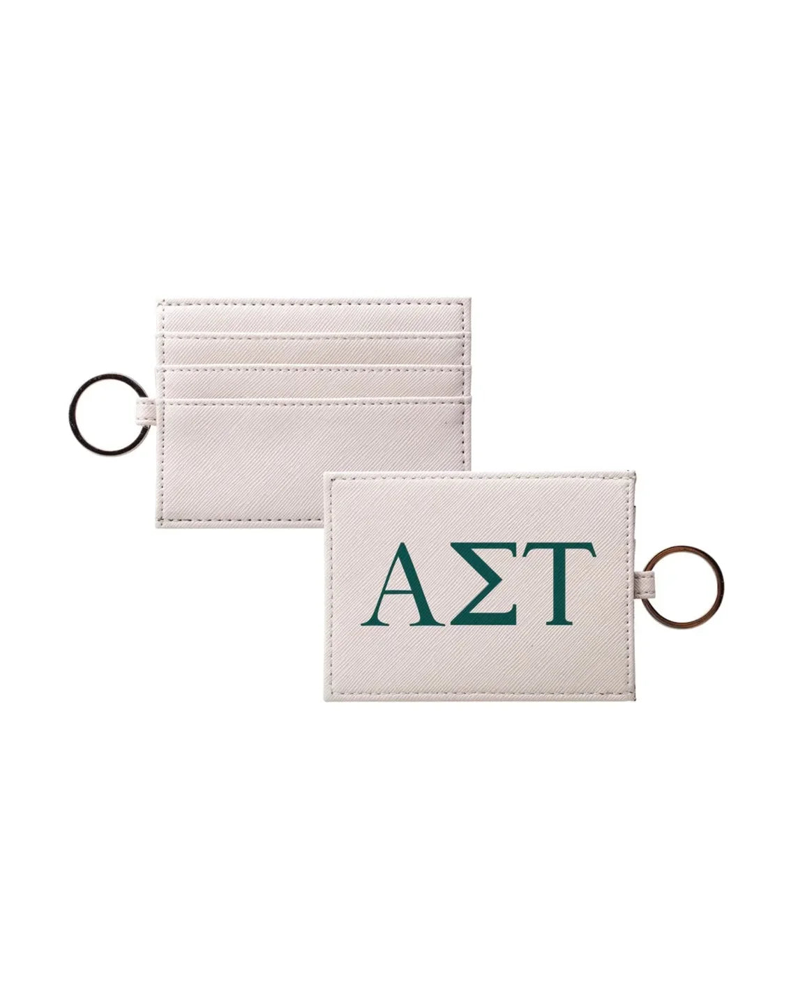 Alpha Sigma Tau Vegan Saffiano Leather Card Holder - Greek Letters Emerald Travel Wallet
