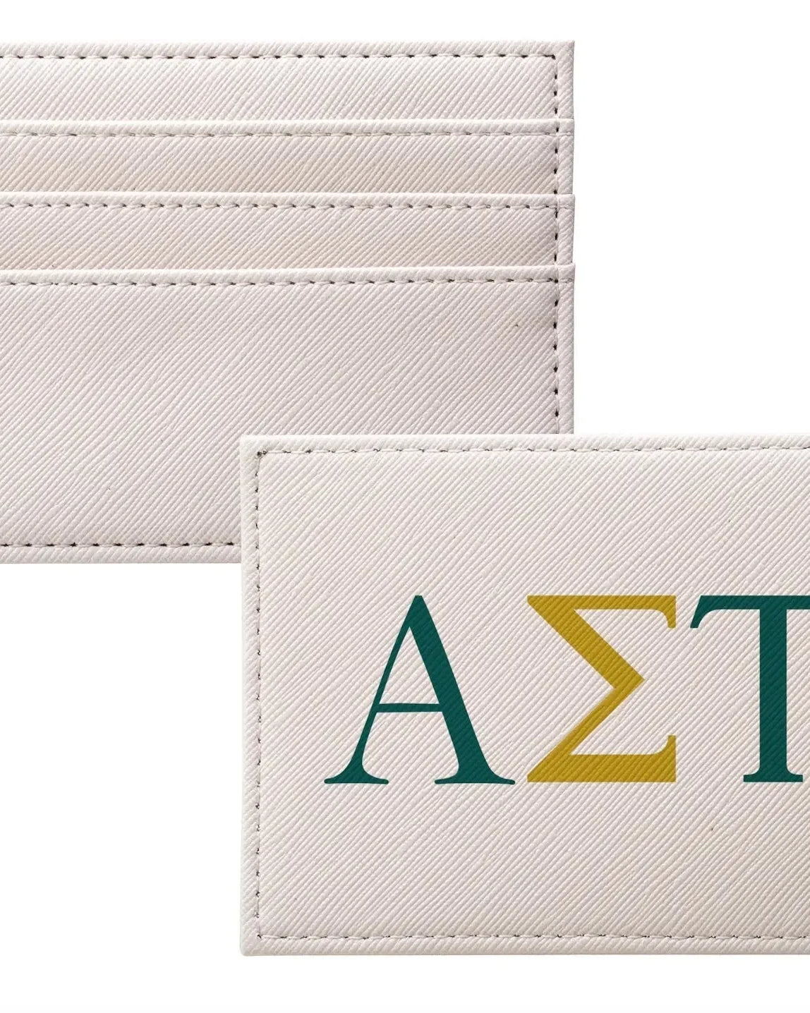 Alpha Sigma Tau Vegan Saffiano Leather Card Holder - Greek Letters Emerald Gold Travel Wallet
