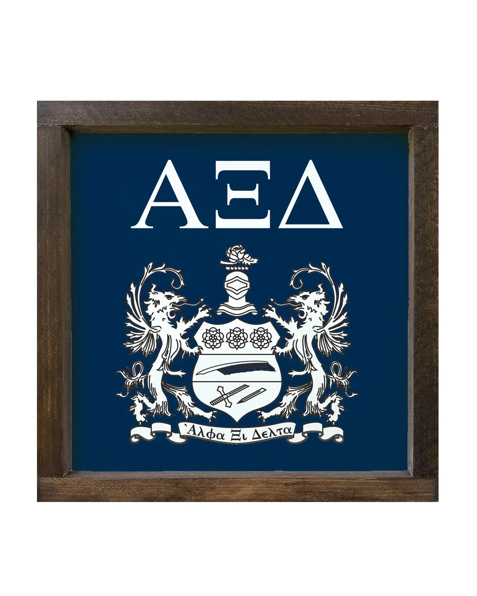 Alpha Xi Delta 12x12 Wood Framed Sign - Traditional Crest Blue Walnut Stain Wall Art & Signs