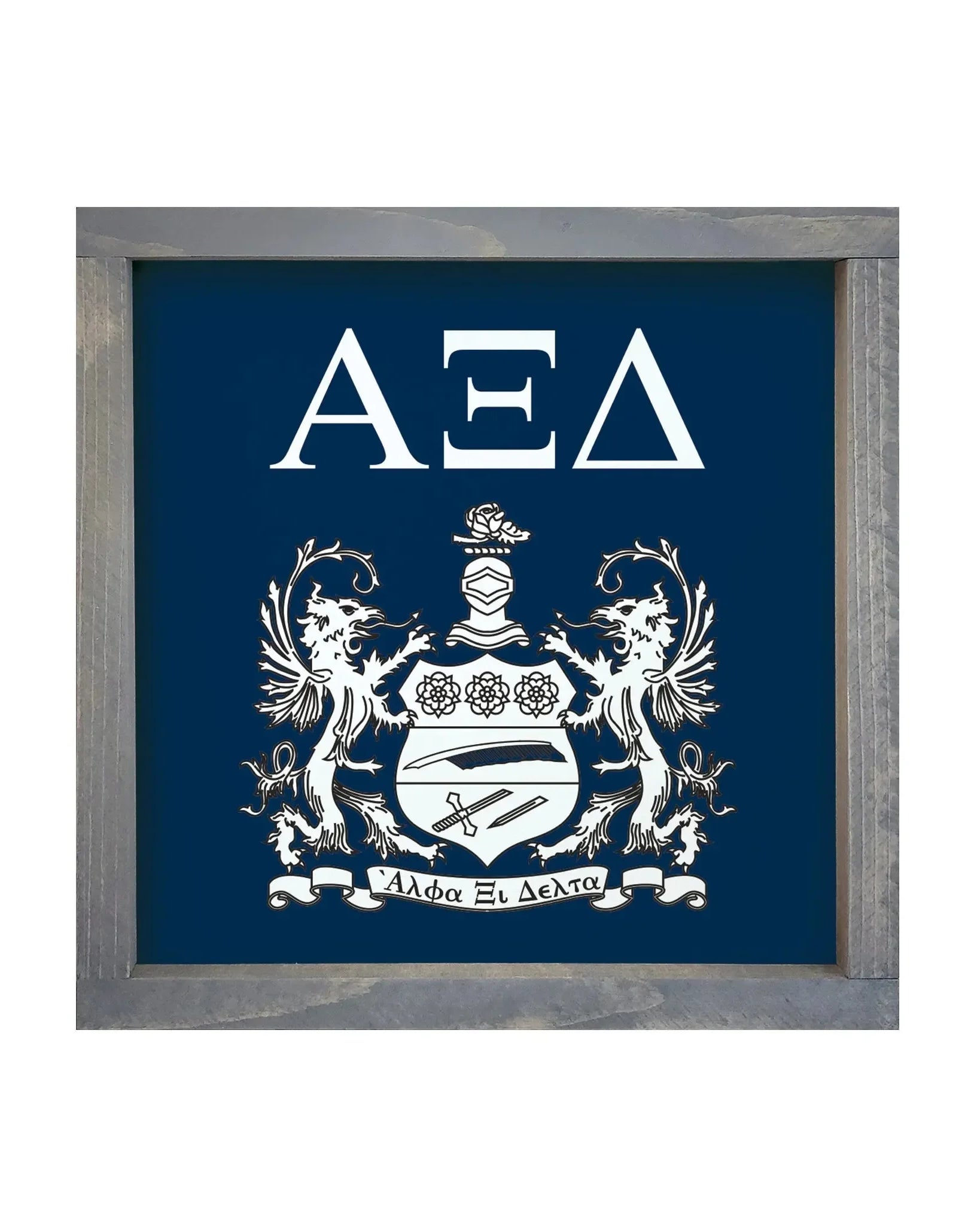 Alpha Xi Delta 12x12 Wood Framed Sign - Traditional Crest Blue Weathered Gray Wall Art & Signs